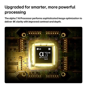 LG QNED AI QNED75 Mini LED’s alpha 7 AI Processor 4K Gen9 glows at the center of a yellow circuit board, highlighting smarter, more powerful AI processing that enhances 4K image clarity with improved contrast and depth.